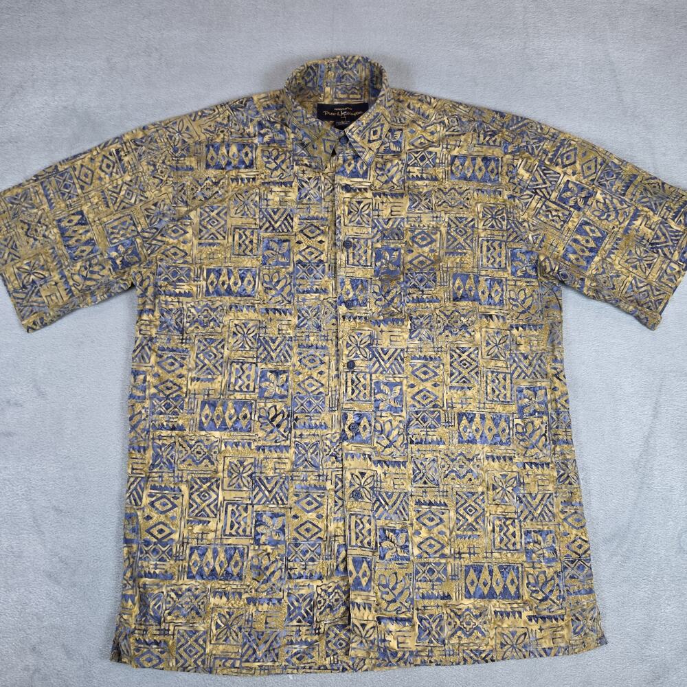 Pete Huntington Bali Hawaiian Shirt Mens Large Blue Tan Tribal Batik Cotton